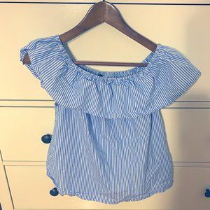 H&M light blue/white striped off-the-shoulder top